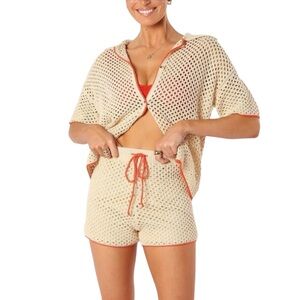 Petal & Pup Cream two-piece crochet knit short set with orange trim Size Medium